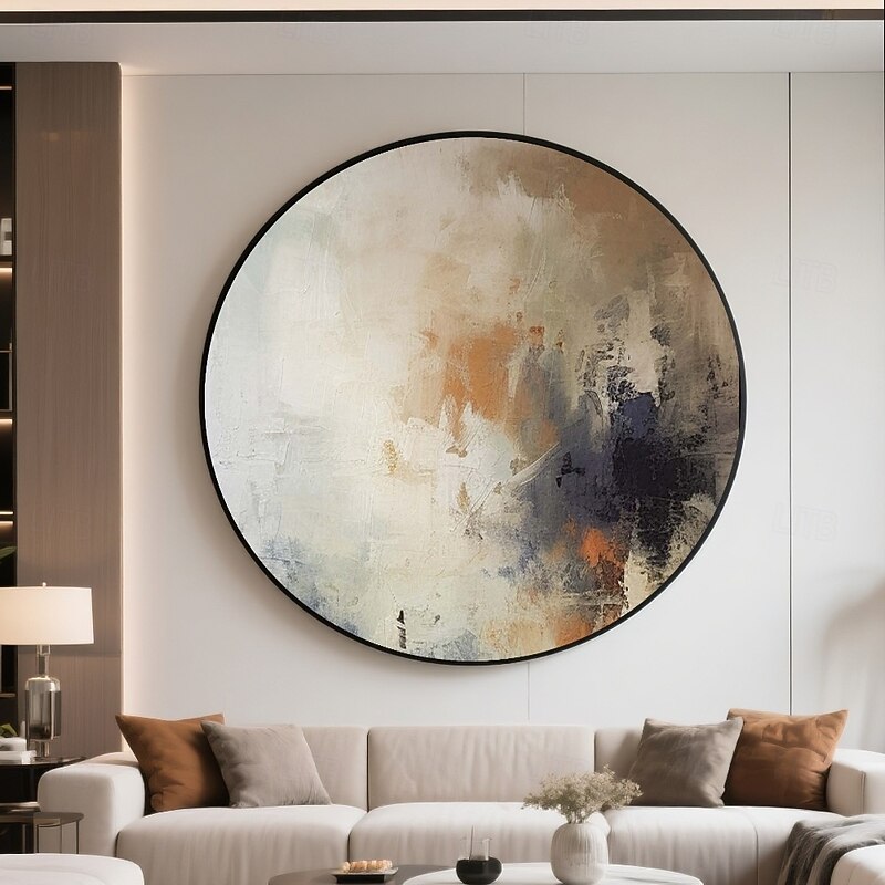 Handmade Circular Abstract Oil Painting Bold Impasto Brushstrokes Textured Surface Earthy Ochre Amber Haze Midnight Blue Accents Modern Gallery Canvas Black Floating Frame Artistic Tension Minimalist4