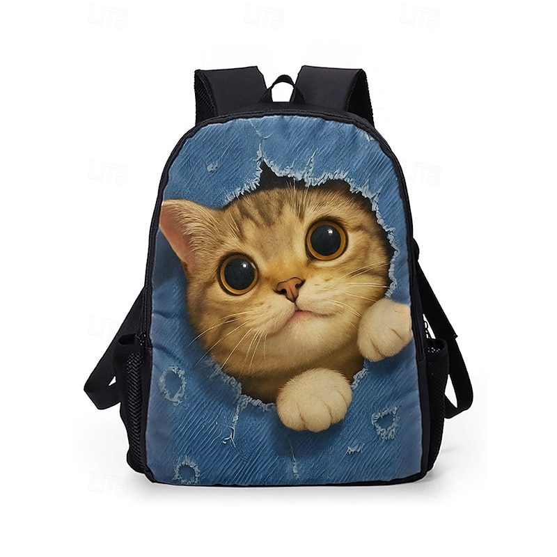Cute cat print backpack for kids and teens - Denim style, Double layer design, Large capacity, Suitable for school or travel - Main Image