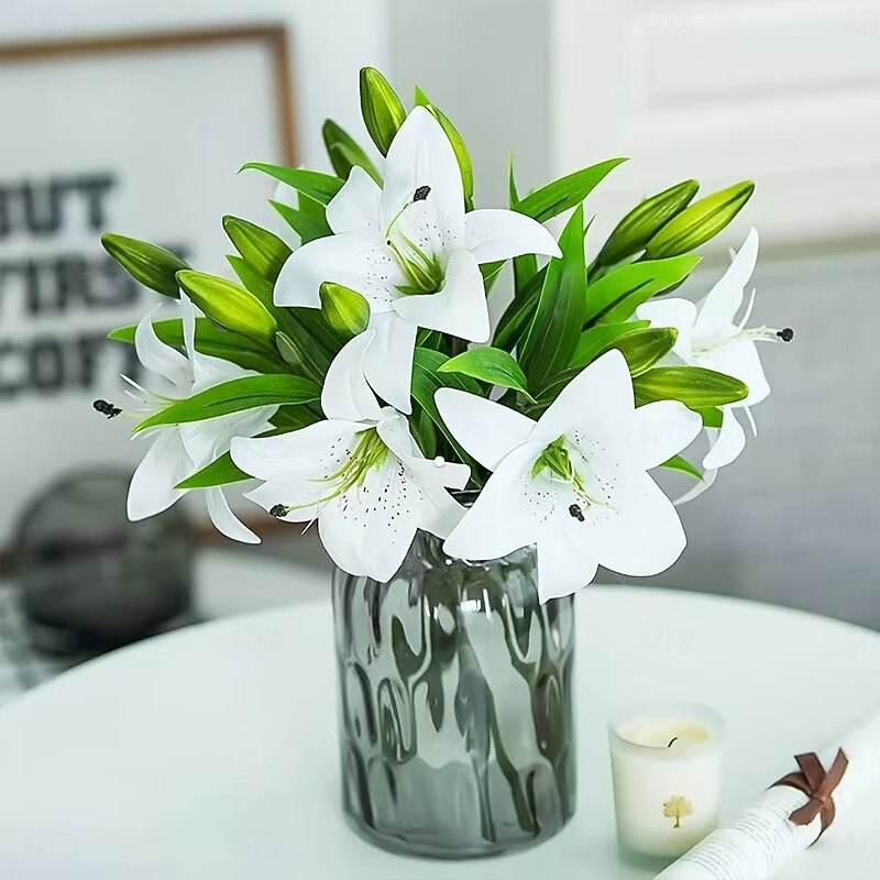 10PCS Artificial White Lily Bouquets, Realistic Plastic Flower Arrangements for Home, Garden, Wedding, and Holiday Decorations, Perfect for Easter, Ramadan, St. Patrick's Day, Mother's Day, Indoor and Outdoor Use4