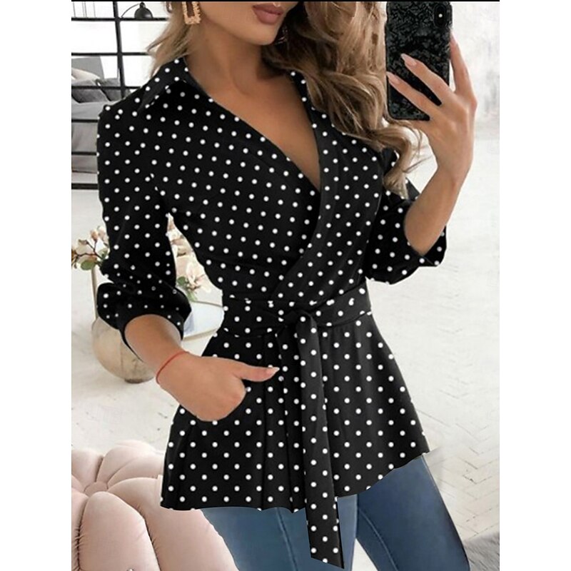 Women's Blouse Geometric Elegant Stylish Basic Long Sleeve V Neck Regular Tops Daily Lace up Print Black And White Black White Blue Green Summer Spring Fall2