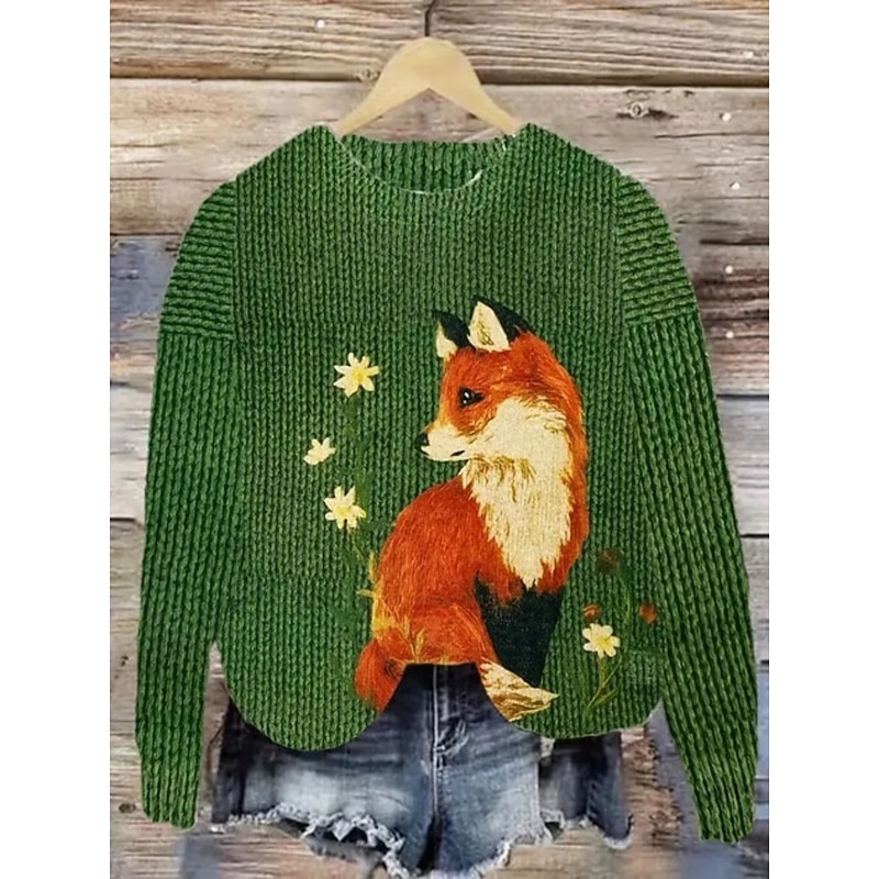 Women's Sweater Casual Soft Floral Graphic Animal Ribbed Crew Neck Knitted Print Long Sleeve Regular Tops Knit Outdoor Daily Weekend Yellow Blue Fall Winter2