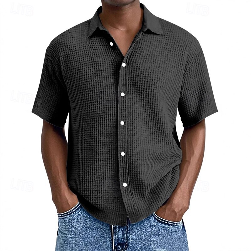 Men's Shirt Waffle Shirt Summer Shirt Casual Shirt Beach Shirt Button Up Shirt Black White Light Green Pink Royal Blue Short Sleeve Plain Lapel Vacation Hawaiian Clothing Apparel Polyester Fashion3