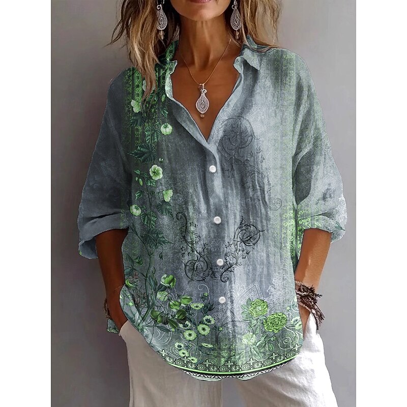 Women's Shirt Button Down Tunic Shirt Collar Long Sleeve Ombre Floral Graphic Vintage Daily Stylish V Neck Regular Tops Work Daily Holiday s Print Sage Green Blue Purple Spring Fall3