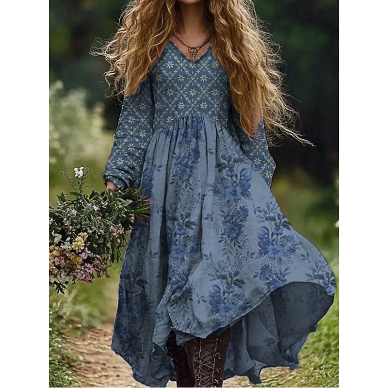 Women's Maxi Dress Sundress Pleated Dress Vacation Casual Boho Going out Beach Floral Graphic Paisley Long Sleeve V Neck Deep Green Wine Dark Pink Blue Summer Spring