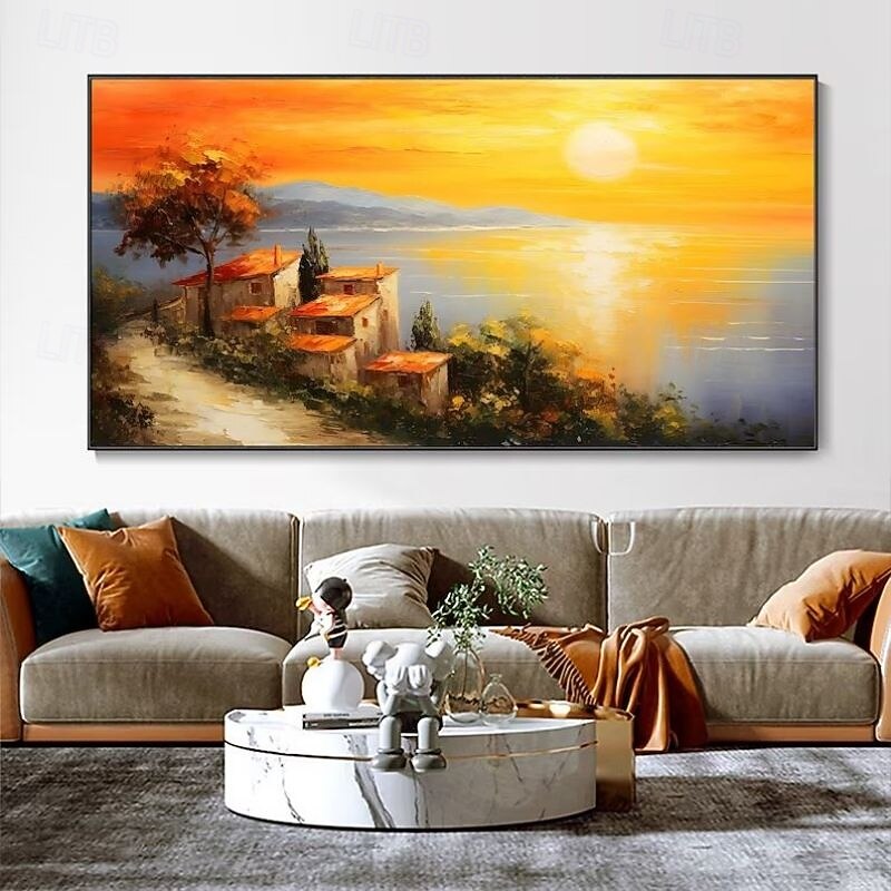 Handmade Oil Painting Canvas Wall Art Decoration Sunset Village Seaside Town Ocean Landscape Texture Abstract Orange Sky Knife Painting for Home Decor Rolled Frameless Unstretched Painting4
