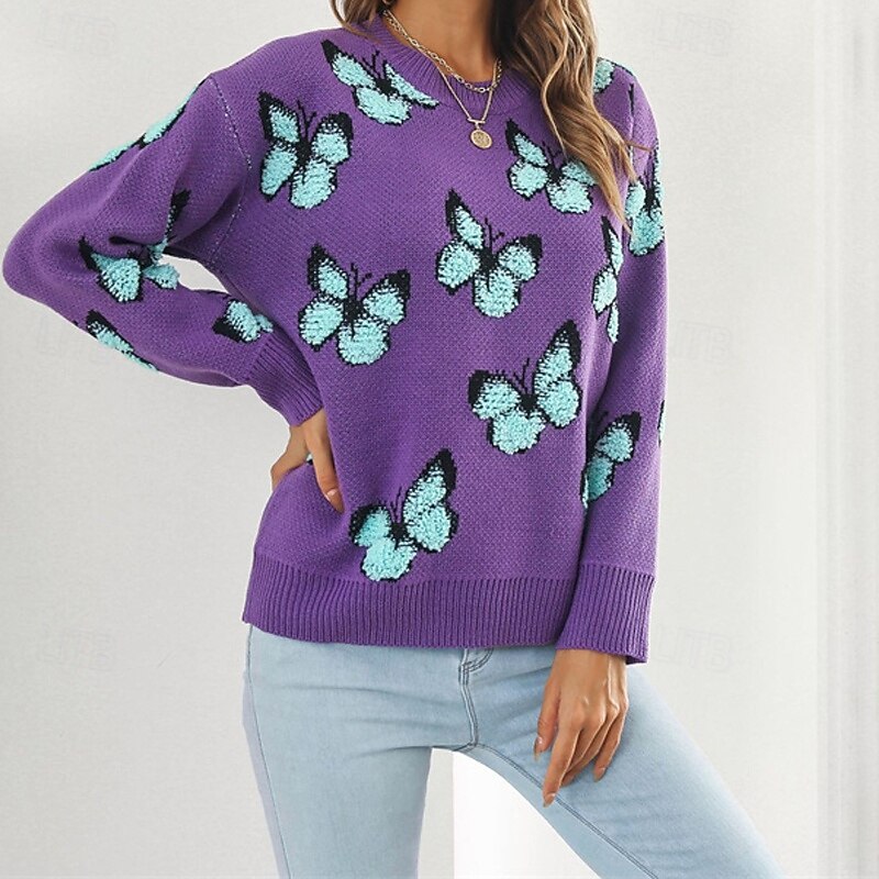 Women's Pullover Casual Butterfly Chunky Crew Neck Knitted Long Sleeve Regular Tops Knit Daily Holiday Going out Blue Purple Fall Winter