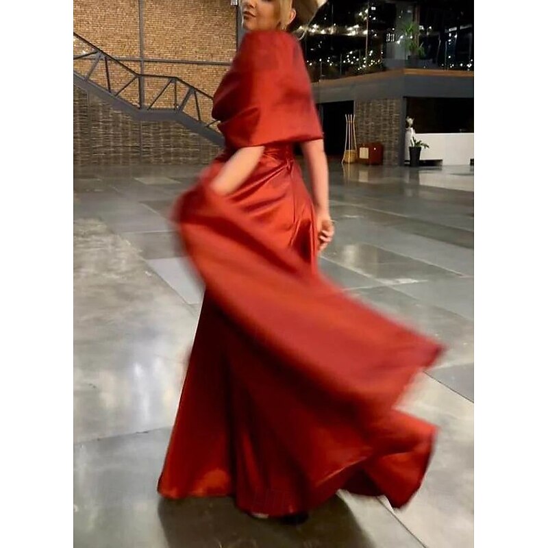 Gold A-Line Evening Gown Elegant Dress Formal Wedding Guest Floor Length Short Sleeve Queen Anne Pocket Satin with Bow(s)4