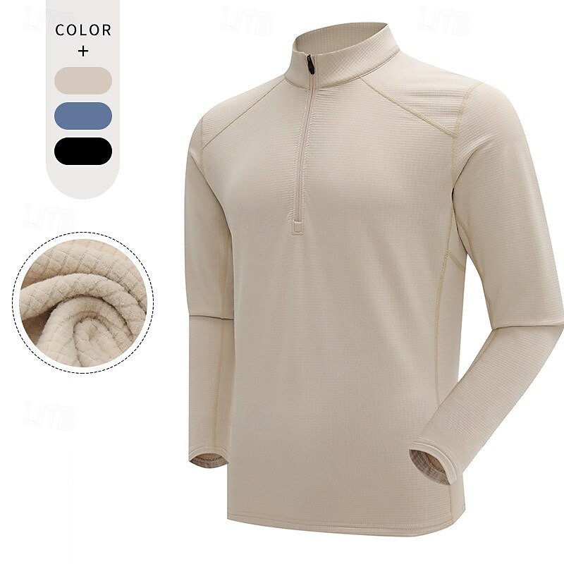 Men's Fleece Sweatshirt Quarter Zip Sweatshirt Long Sleeve Stand Collar Top Outdoor Thermal Warm Winter Polyester Black Blue Apricot Fishing Tennis Running