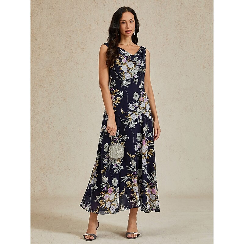 Women's Maxi long Dress Chiffon Dress Elegant Vacation Birthday Date Beach Regular Fit Floral Graphic Sleeveless Cowl Neck Navy Blue Summer Spring Fall4