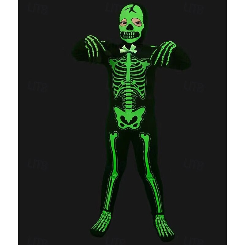 Skull Skeleton Halloween Costume Jumpsuit Bodysuits Glow in the Dark Horror Scary Costume Kid's Boys' Girls' Halloween Carnival Performance Party Easy Halloween Costumes Dress Up3