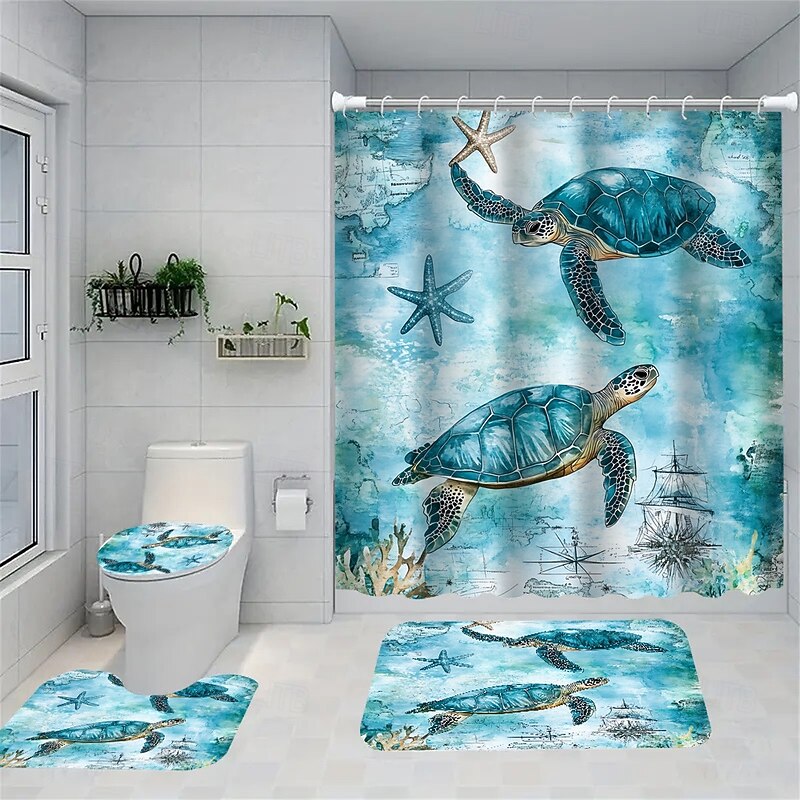 Ocean Beach Series Starfish Jellyfish Shower Curtains Sets Decorative Art Pattern Home Bathroom Curtains Toilet Seat Decoration Shower Curtain CarpetShower Curtain with Carpet and Toilet Lid 12 70.8x70.8 inch2