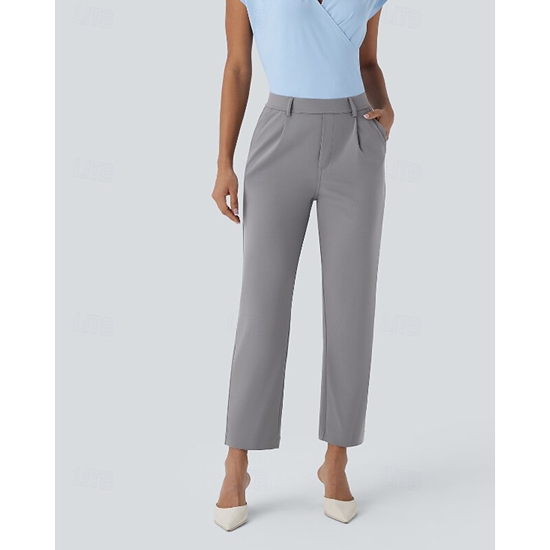 Women's Dress Pants Streetwear Casual Full Length Natural Plain Pocket Elastic Waist Comfy Formal Office Work Grey Black Dark Navy Coffee Fall Regular Fit2