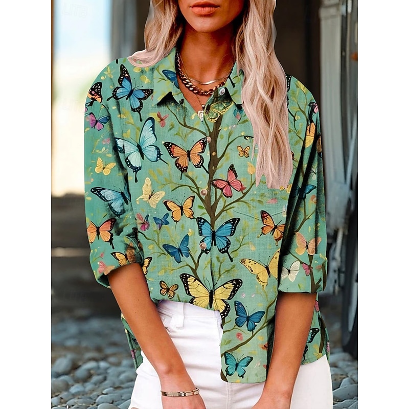 Women's Shirt Butterfly Active Daily Stylish Long Sleeve Shirt Collar Regular Tops Daily Holiday Buttons Print Green Summer Spring Fall