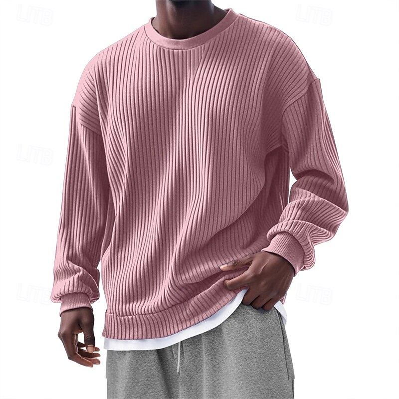 Men's Sweatshirt Apricot Pink Red Navy Blue Green Crew Neck Plain Jacquard Ribbed Textured Knit-texture Sports & Outdoor Daily Holiday Polyester Streetwear Basic Casual Spring Fall Clothing Apparel