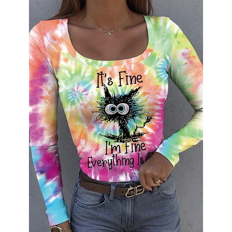 Women's T shirt Long Sleeve Ribbed Graphic Square Neck Long Sleeve Casual Ombre Abstract Regular Tops Daily Print Red Blue Green Rainbow Light Blue Spring Fall Prefall2