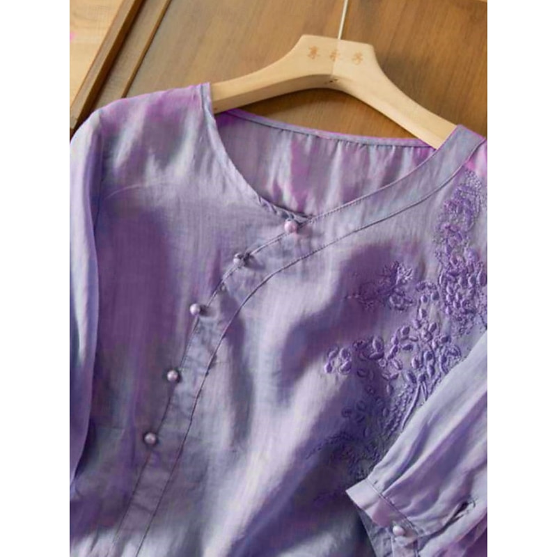 Women's Shirt Blouse Cotton Linen Shirts Solid Color Stylish Casual 3/4 Length Sleeve Crew Neck Regular Tops Daily Embroidered Buttons Yellow Red Purple Green Summer Spring2