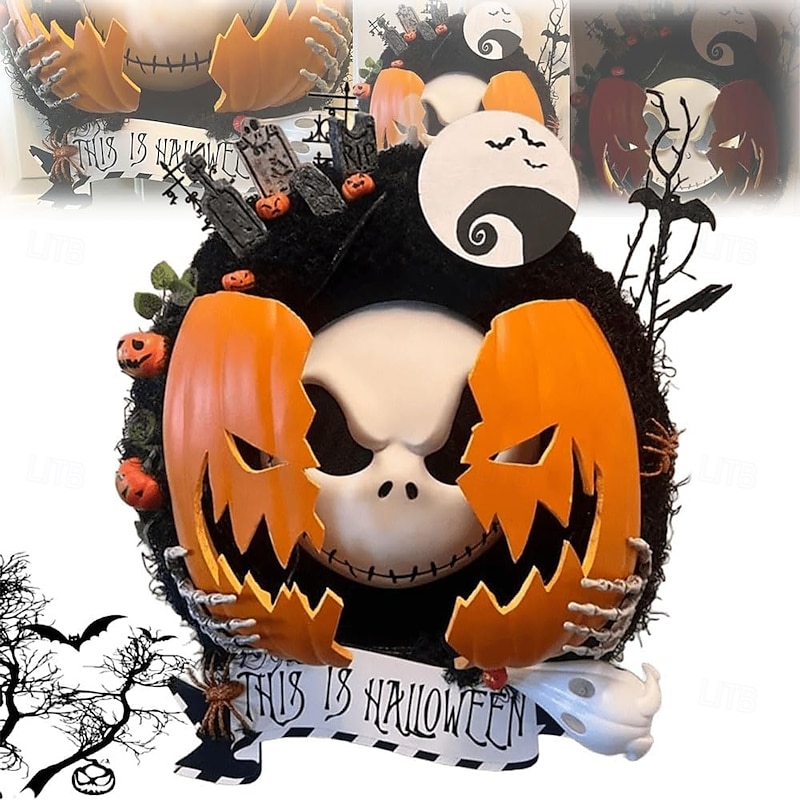 Halloween Nightmare Pumpkin Wreath Scary Pumpkin Bats and Cemetery Garland Decorations for Indoor Outdoor Wall Closet Fence Window Farmhouse