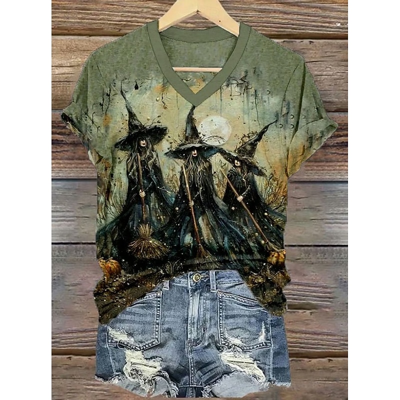 Halloween Women's T shirt Witch Graphic Stylish Casual Funny Short Sleeve V Neck Regular Tops Daily Cute Outfits Date Night Outfits Print Silver Black Brown Green Gray Summer Spring Fall3
