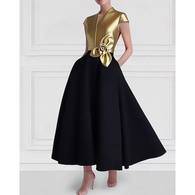 Black and White A-Line Cocktail Dresses Elegant Dress Formal Wedding Ankle Length Short Sleeve V Neck Pocket Satin with Pocket3