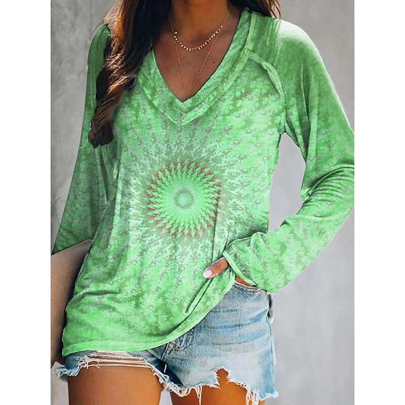 Women's T shirt Long Sleeve V Neck Long Sleeve Graphic Casual Geometry Vintage Stylish Classic Regular Tops Daily Weekend Print Light Green Pink Blue Orange Green Spring Fall Prefall3