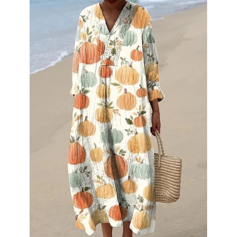 Halloween Women's Pumpkin Print Midi Dress V Neck Long Sleeve Kaftan Lightweight Loose Fit A Line Dress Casual Boho Party Going out Loose Fit Graphic Long Sleeve V Neck Orange off-white Grey Fall3