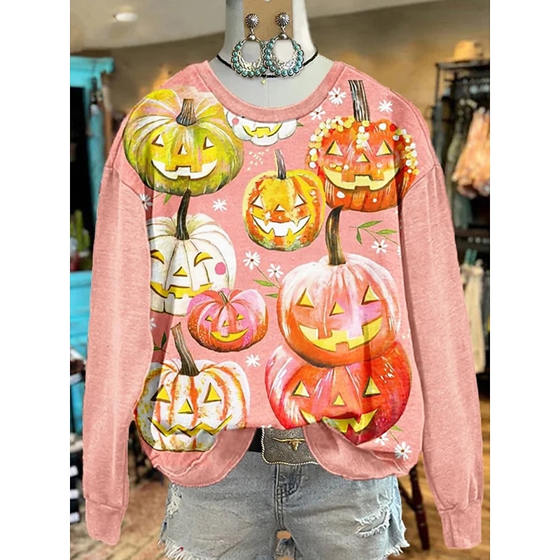 Halloween Women's Sweatshirts Pumpkin Graphic Casual Long Sleeve Crew Neck Regular Tops Street Dailywear Casual Print Black Pink Red Orange Fall Winter