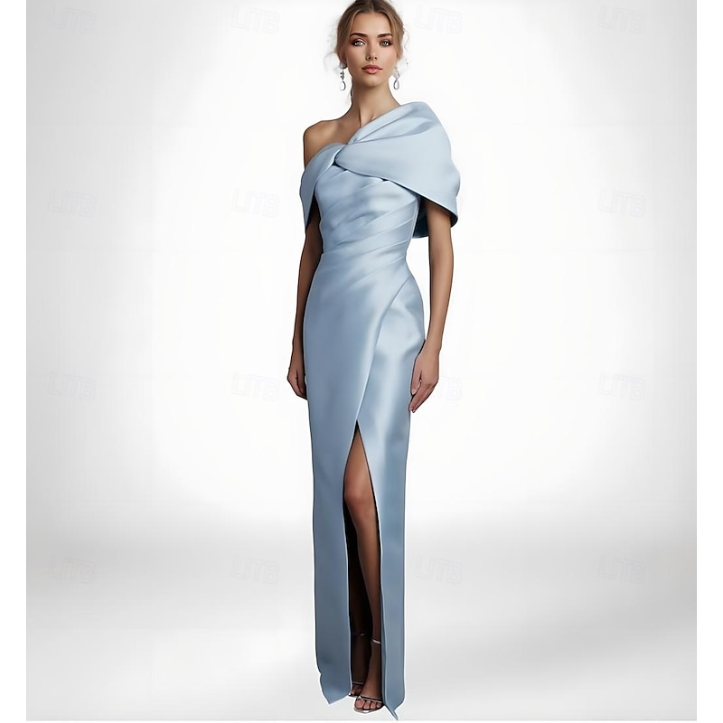 Black Tie Cape Dress Sheath / Column Evening Gown Elegant Dress Formal Wedding Floor Length Sleeveless Off Shoulder Stretch Satin with Pleats Slit