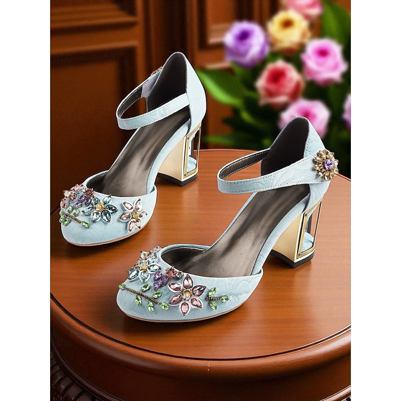 Women's Light Blue Chunky Heel Dress Shoes with Gemstone Floral Embellishments - Elegant Vintage-Inspired Ankle Strap Pumps for Ladies, Ideal for Weddings, Garden Parties, and Medieval Fantasy-Themed3