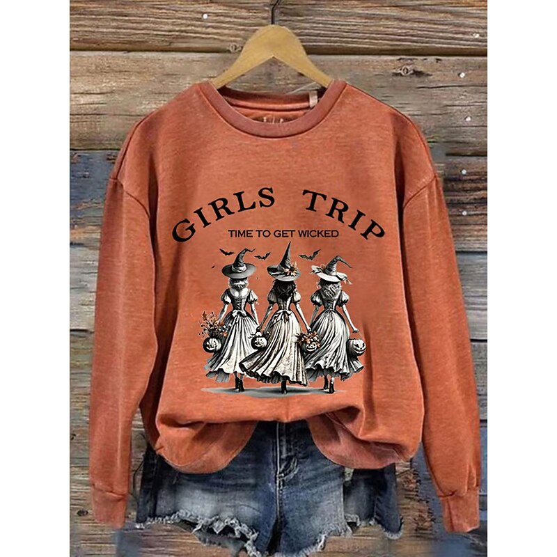 Halloween Women's Sweatshirts Witch Graphic Letter Casual Long Sleeve Crew Neck Regular Tops Street Dailywear Casual Print White Orange Green Fall Winter2