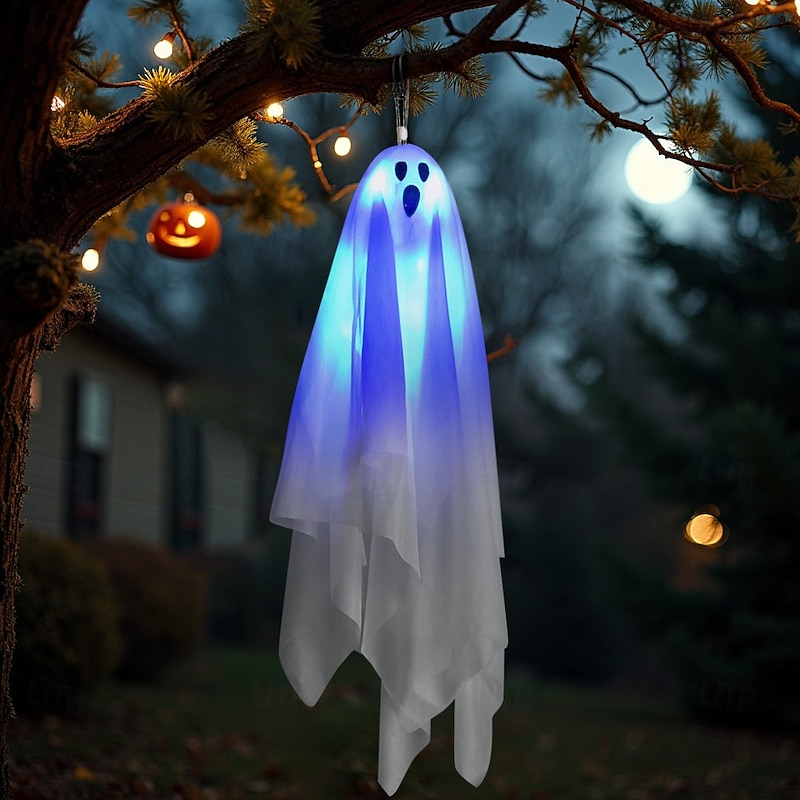 1 Pc Halloween Horror Courtyard Decoration Touch Luminous Sound Electric Ghost Pendant White Small Hanging Ghost Decoration Prop