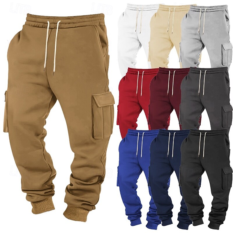 Men's Fleece Pants Sweatpants Joggers Trousers Cargo Sweatpants Elastic Waist Drawstring Multi Pocket Plain Comfort Sports Outdoor Daily Fashion Casual Black White Micro-elastic