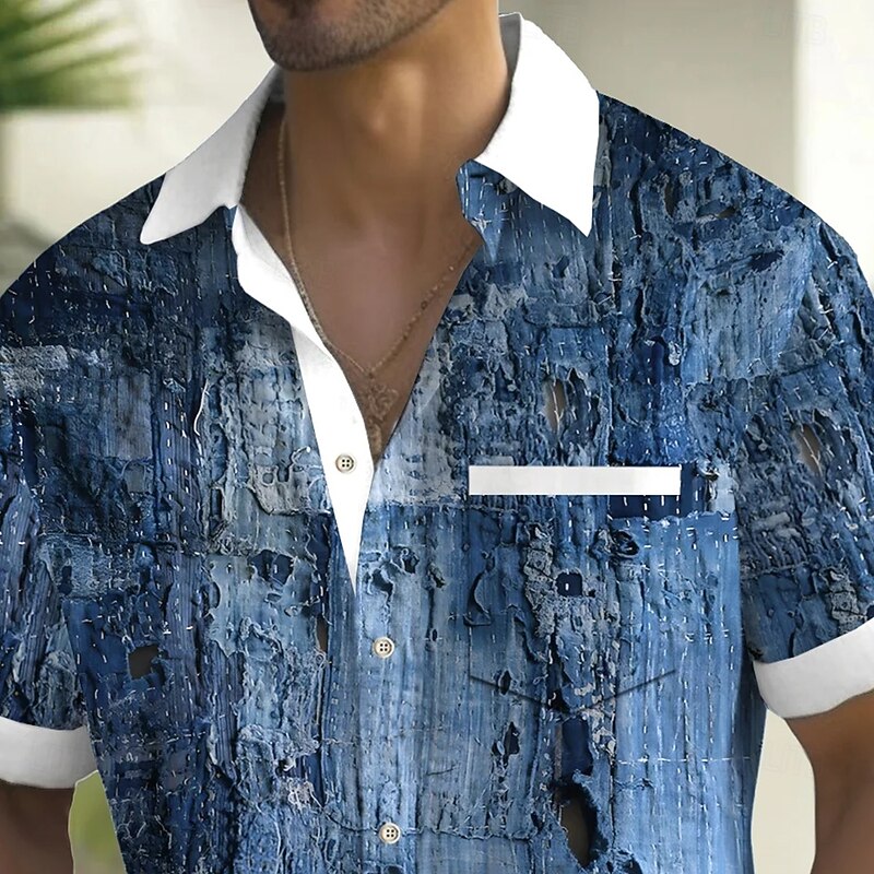 Men's Distressed Print Denim-like Shirt Summer Shirt Button Up Shirt Short Sleeve Fashion Casual Outdoor Vacation Dailywear Summer Spring Turndown 3D Print Collared Shirts Front One Pocket Red Blue3