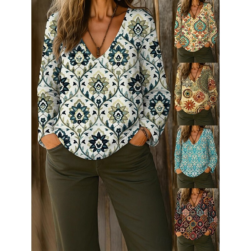 Women's Shirt Blouse Floral Retro Vintage Ethnic Long Sleeve V Neck Regular Tops Daily Holiday Print Black White Blue Khaki Apricot Summer Spring Fall