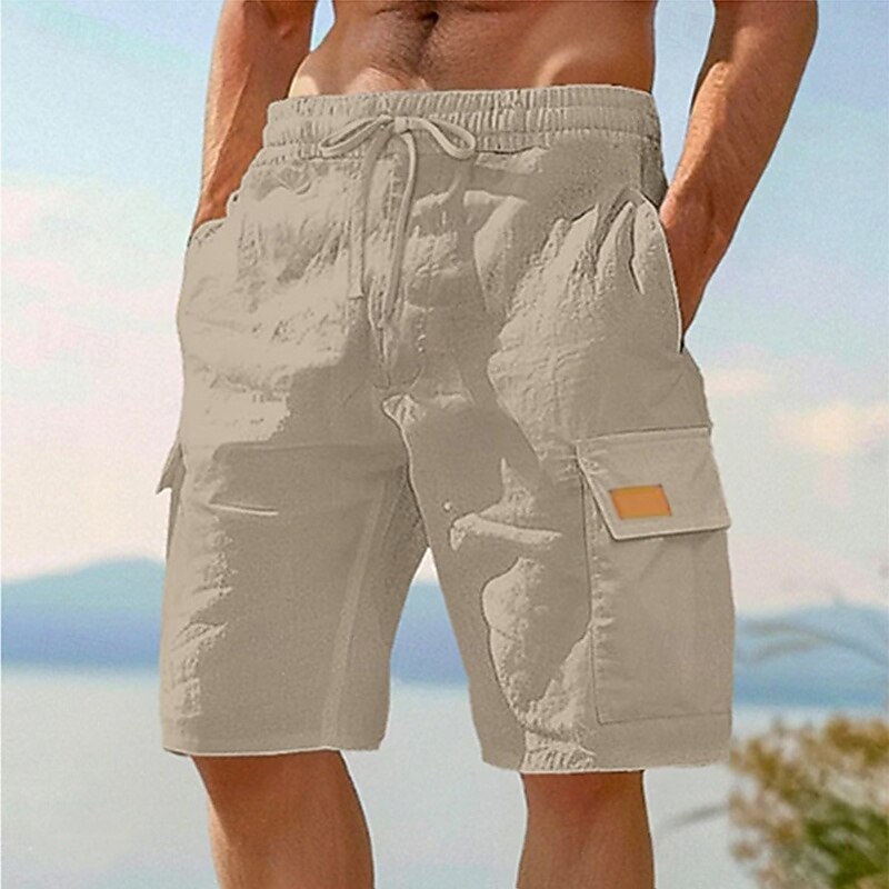 Men's Cargo Shorts Shorts Linen Shorts Summer Shorts Beach Shorts Elastic Waist Drawstring Multi Pocket Plain Knee Length Outdoor Holiday Beach Vacation Hawaiian Black White Inelastic