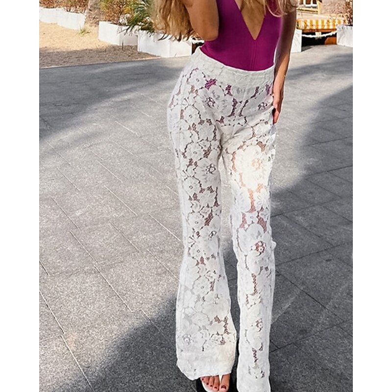 Women's Wide Leg Bell Bottom Slacks Streetwear Casual Full Length Natural Plain Lace Elastic Waist Soft Holiday Daily Wear Weekend White Fall Regular Fit4