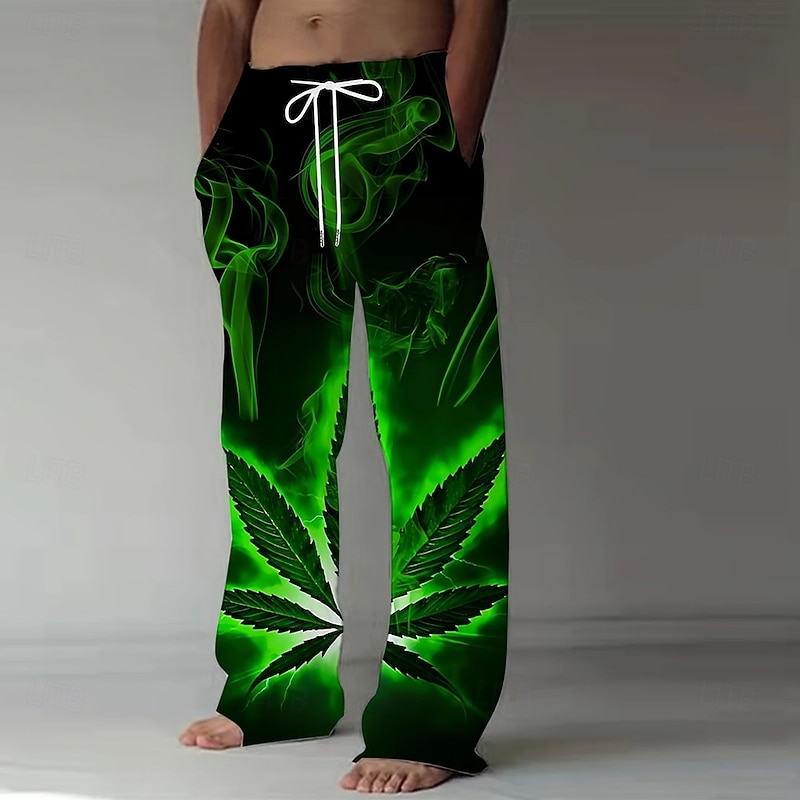 Men's Flame Weed Leaf Trousers Baggy Pants Casual Pants Mid Waist Vintage Outdoor Vacation Elastic Drawstring Waist Linen-Like Pants with Pockets Summer Spring 3D Print Black
