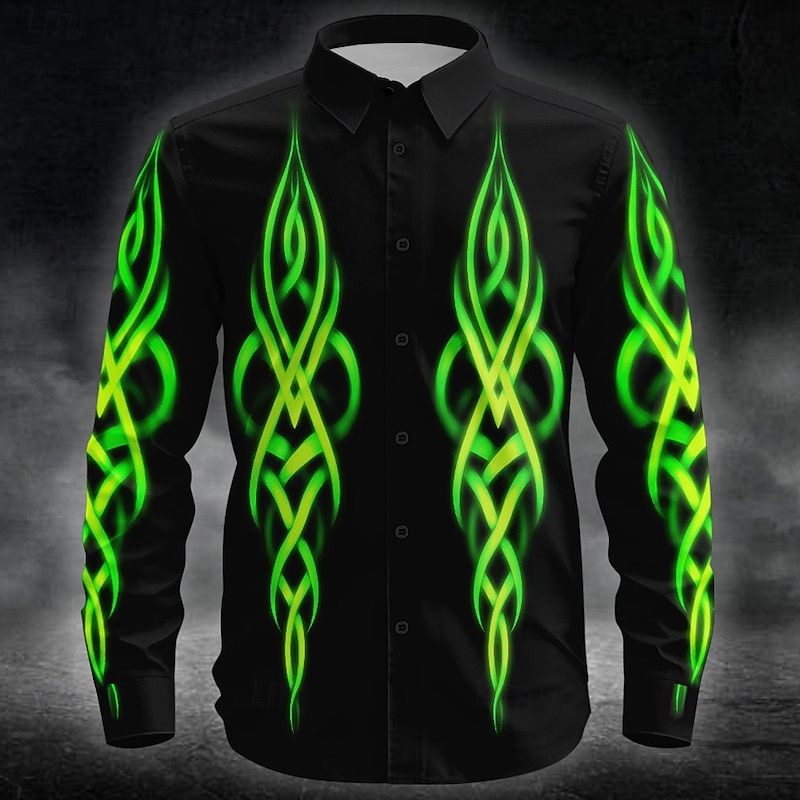 Halloween Men's Tribal Neon Glow Halloween Costumes Shirt Button Up Shirt Long Sleeve Dark Punk Gothic Style Outdoor Holiday Summer Spring Turndown 3D Print Collared Shirts Blue Purple Green2