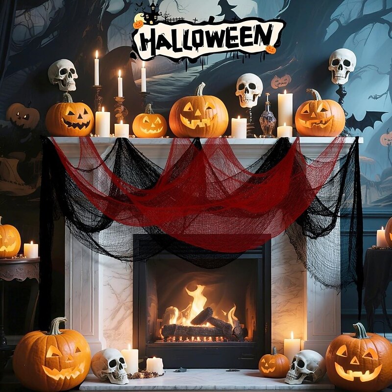 6Pcs Halloween Gauze Cloth, Creepy Cloth, 30×72 Inch Creepy Fabric Halloween for Haunted House Supplies, Party Outdoor, Indoor (4 Black+2 Red)4
