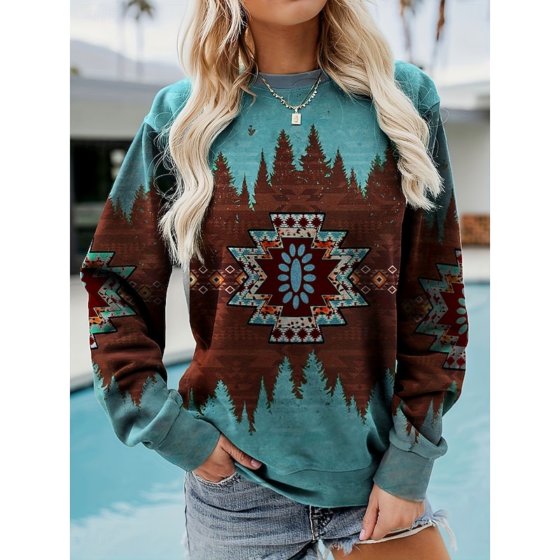 Women's Pullover Sweatshirt Graphic Geometric Tribal Warm Active Vintage Long Sleeve Crew Neck Regular Tops Street Dailywear Casual Patchwork Print Green Khaki Gray Spring Fall Winter
