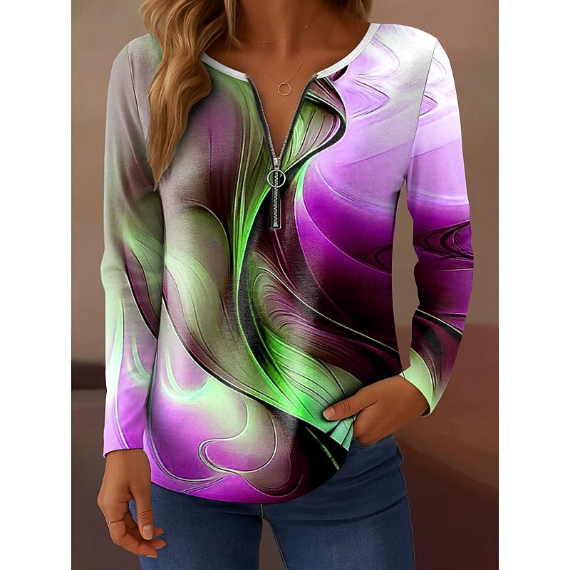 Women's T Shirt Ombre Graphic Abstract Elegant Vintage Stylish Long Sleeve V Neck Regular Tops Daily Weekend Zipper Print Blue Purple Orange Gray Spring Fall3