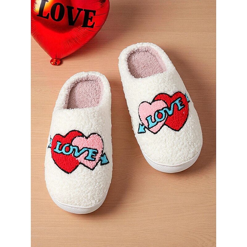 Women's Love Heart Plush Slippers – Furry Warm Indoor Slip-Ons for Winter, Valentine's Day , Bedroom and Cozy Home Wear3