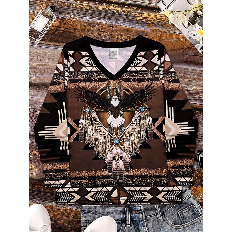 Women's T Shirt Graphic Tribal Feather Vintage Stylish Classic Long Sleeve V Neck Regular Tops Daily Print Brown Spring Fall Winter2
