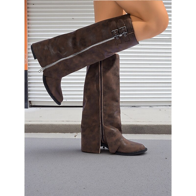 Women's Mocha brown Fold-Over Shaft Cowboy Boots with Side Zipper and Buckle Straps, Bohemian Western Style Footwear4