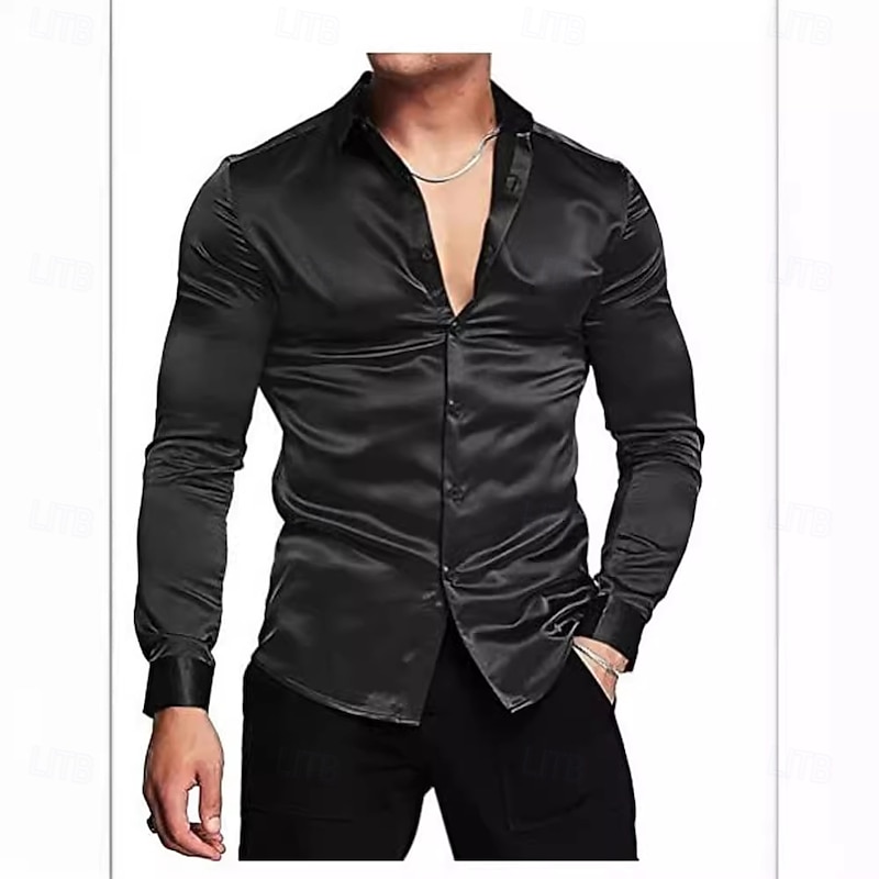 Men's Shirt Silk Like Satin Shirt Dress Shirt Casual Shirt Button Up Shirt Plain Wedding Shower Black White Red Royal Blue Long Sleeve Lapel Spring &  Fall All Seasons Clothing Apparel4