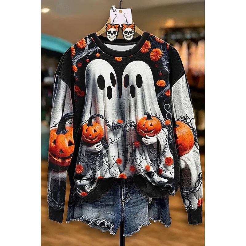 Halloween Women's Sweatshirts Ghost Graphic Skull Warm Casual Festival Long Sleeve Crew Neck Round Neck Regular Tops Street Dailywear Casual Print Black Spring Fall Winter