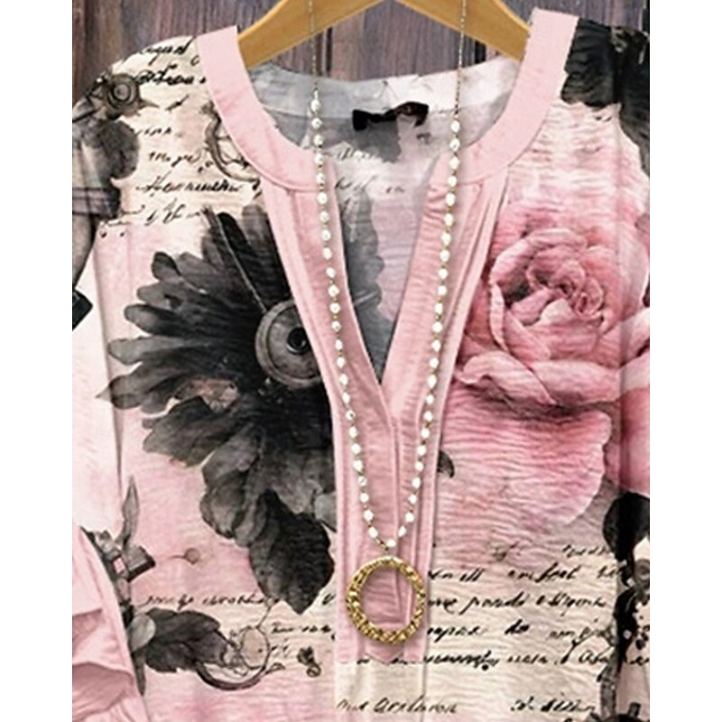 Women's T Shirt Floral Fashion Modern 3/4 Length Sleeve V Neck Regular Tops Daily Ruffle Print Pink Summer3