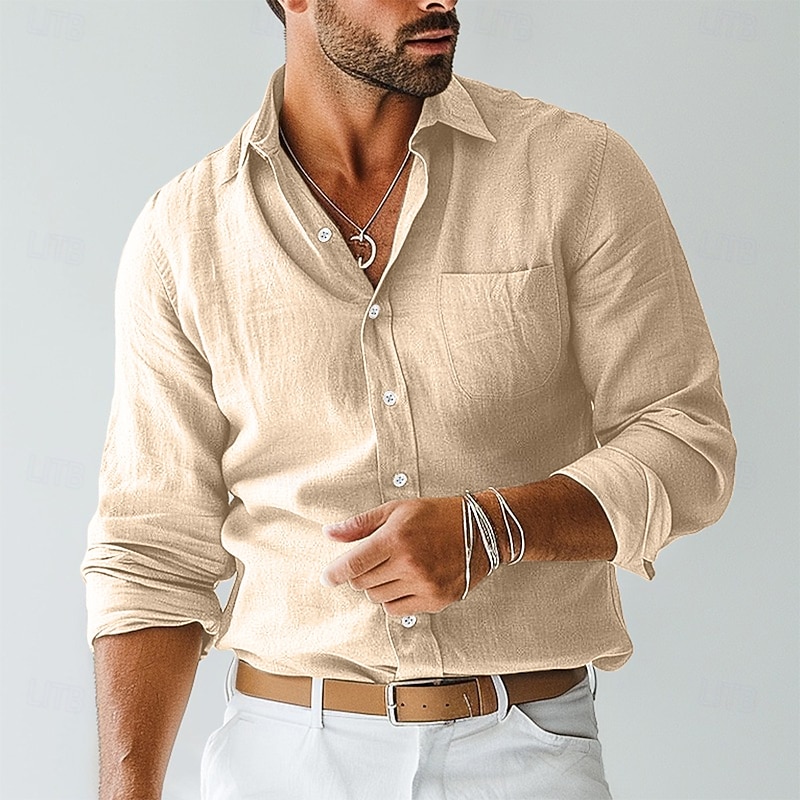 Men's Shirt Linen Shirt Summer Shirt Beach Wear Button Up Shirt Plain Vacation Casual Black Blue Brown Khaki Long Sleeve Lapel Spring & Summer Clothing Apparel Pocket3