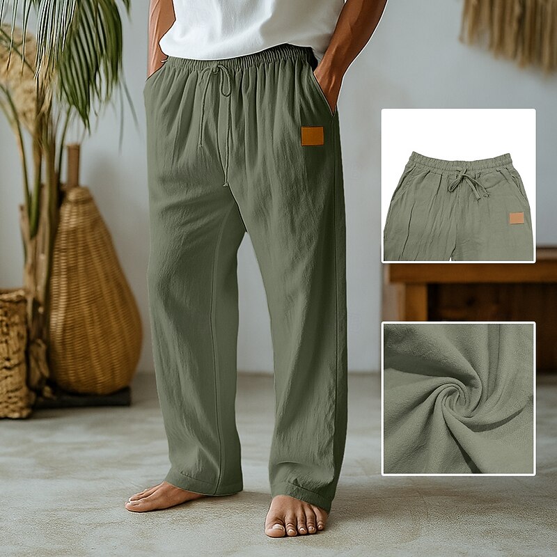 Men's Linen Pants Trousers Summer Pants Baggy Pants Beach Pants Drawstring Elastic Waist Straight Leg Solid Color Plain Comfort Breathable Full Length Outdoor Holiday Beach Vacation Fashion Black3
