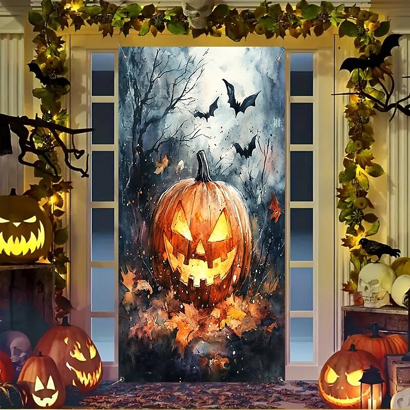 Halloween Pumpkin Door Cover with Scarecrow, Witch Hat Jack-O’-Lantern, Spooky Forest Haunted House Decor for 2025 Halloween Indoor Outdoor Decoration2