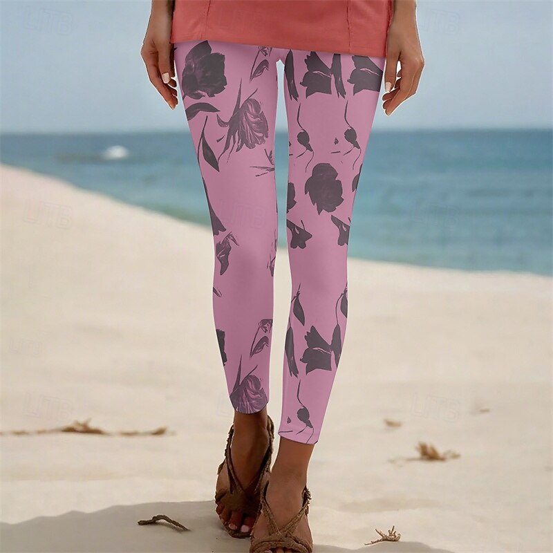 Women's Pants Trousers Leggings Cozy Leggings Streetwear Casual Full Length High Waist Floral Elastic Waist Print Breathability Comfortable Stretchy Vacation Street Daily Wear White Pink Blue Summer2